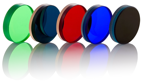 Set of Kron-Cousins UBVRI photometric filters for astronomy, arranged on a white background with visible color variation.